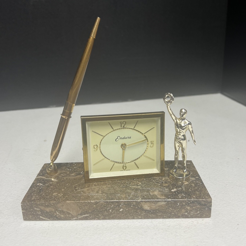 Vintage Endura Desk Clock With Granite Base, Pen, And Victory Statue. Untested.